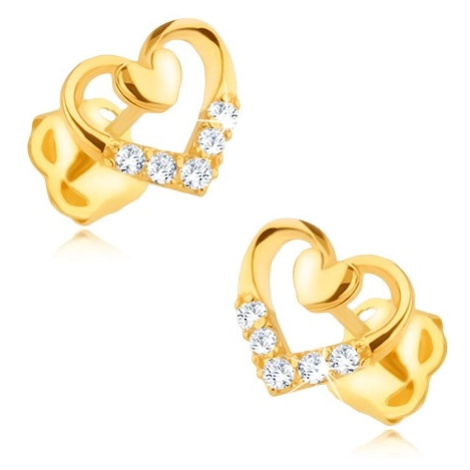Diamantové náušnice ve 14K zlatě - obrys srdce s menším srdíčkem a brilianty Šperky eshop