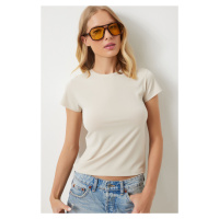 Happiness İstanbul Women's Cream Crew Neck Basic Sandy T-Shirt