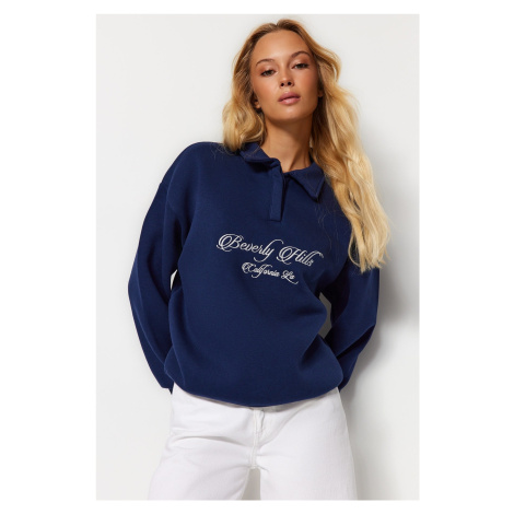 Trendyol Navy Blue Shirt Collar Embroidered Regular Fit Fleece Inside Knitted Sweatshirt