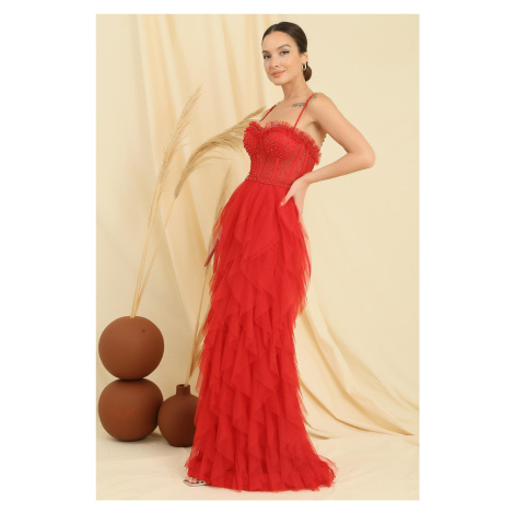 By Saygı Bead Rope Strapless Strapless Handkerchief Fringed Lined Long Tulle Dress