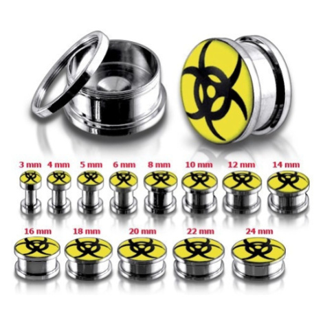 Ocelový tunel plug do uší - žlutý a černý symbol biohazardu, různé velikosti - Tloušťka : 8 mm Šperky eshop