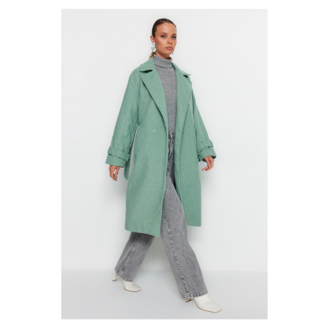 Trendyol Mint Oversize širokoúhlý opásaný dlouhý vlněný kabát