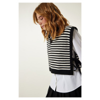 Happiness İstanbul Women's Black Tied Striped Crop Knitwear Sweater