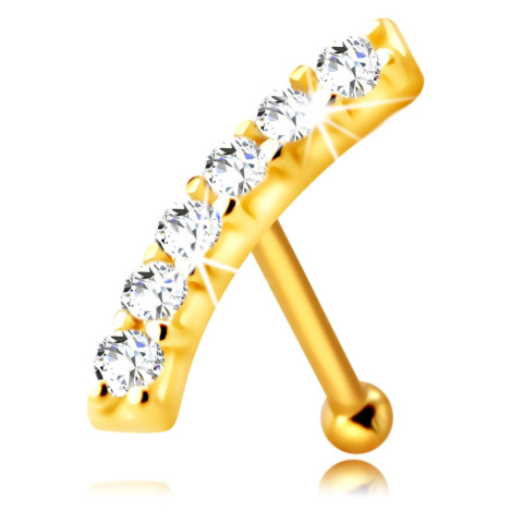 Zlatý 585 piercing do nosu - mírně zaoblený proužek s čirými zirkony Šperky eshop