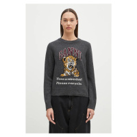 Vlněný svetr GANNI Graphic Wool Mix Tiger Crewneck dámský, šedá barva, lehký, K2278