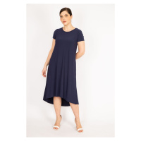 Şans Women's Navy Blue Plus Size Crew Neck Long Short Sleeve Back Dress