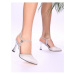 Shoeberry Women's Silver Satin Triangle Pile Heeled Shoes.