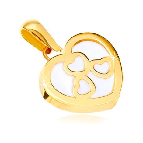 Přívěsek ve žlutém zlatě 585 - lesklý obrys srdce s perletí, tři srdíčka Šperky eshop