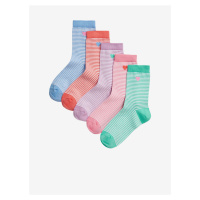 Sada pěti párů holčičích proužkovaných ponožek v zelené, růžové, fialové, červené a modré barvě 