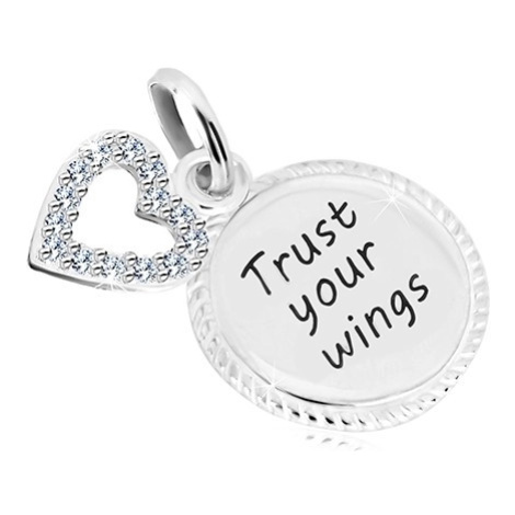 Stříbrný 925 přívěsek - kroužek s nápisem "Trust your wings", kontura srdce se zirkony Šperky eshop