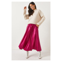 Olalook A-Line Pleated Skirt With Fuchsia Leather Look