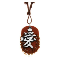 Kožený náhrdelník, přívěsky - hnědý ovál s kroužky a šedo-černý čínský znak