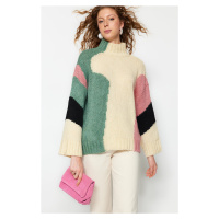 Trendyol béžový měkký texturovaný pletený svetr s barevným blokem