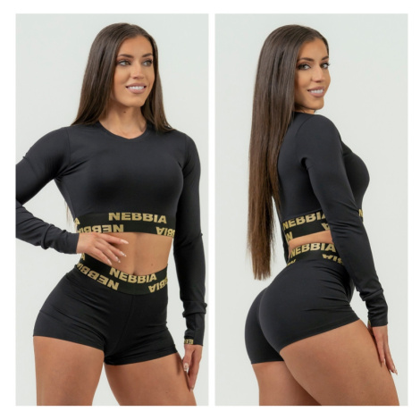 NEBBIA - Crop top s dlouhým rukávem na cvičení 839 (black-gold) - NEBBIA