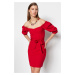 Trendyol Red Belted Mini tkané šaty s límečkem Carmen