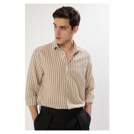 Trendyol Limited Edition Brown Regular Fit Striped Textured Shirt