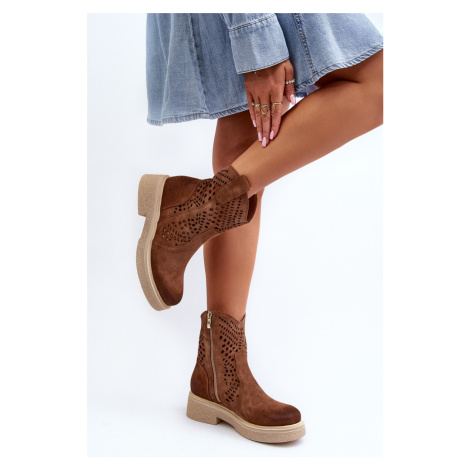 Zazoo Semišové dámské boty na plochých podpatcích, prolamované hnědé Kesi