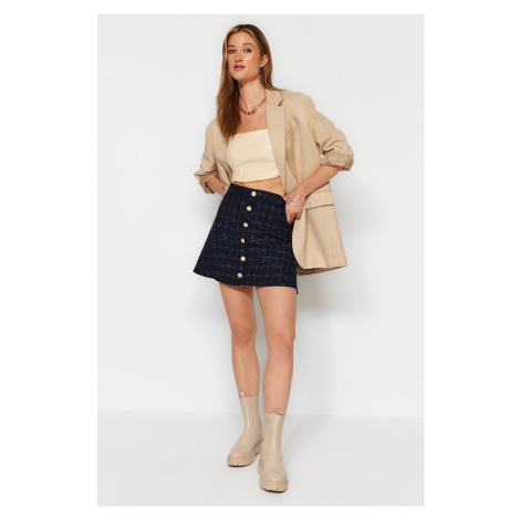 Trendyol Navy Blue Skirt Ruffled Tweed Fabric Buttoned Mini Length Woven Skirt