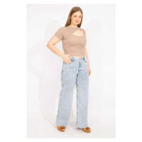 Şans Women's Plus Size Blue Washed Effect 5-Pocket Jeans Trousers