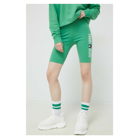 Kraťasy Tommy Jeans dámské, zelená barva, s aplikací, high waist Tommy Hilfiger