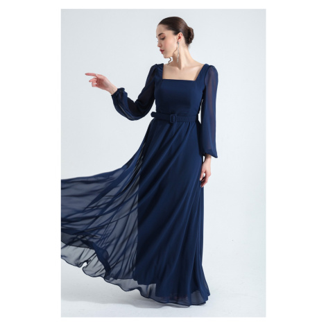 Lafaba Women's Navy Blue Square Neck Long Chiffon Evening Dress
