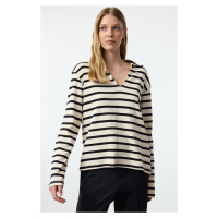 Trendyol Ecru Polo Neck Relaxed/Comfortable Fit Striped Knitted Sweatshirt