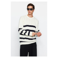 Trendyol Ecru Unisex Oversize Fit Wide Fit Hair Knit Striped Non-Pilling Knitwear Sweater