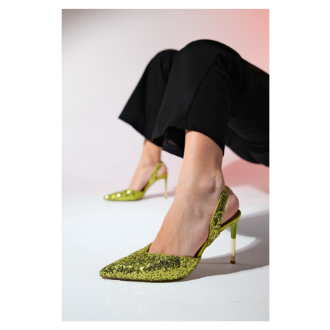 LuviShoes OVERAS Green Sequined Pointed Toe Women's Thin Heeled Evening Shoes