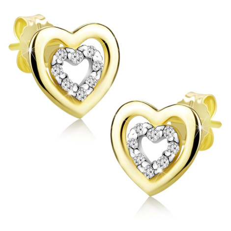 Náušnice ze směsového 9K zlata - dvojité srdce s kubickými zirkony, puzetky Šperky eshop