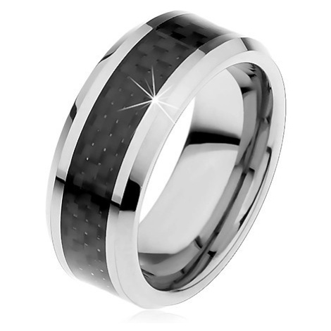 Wolframový prstýnek stříbrné barvy, středový pás z černých vláken, 8 mm Šperky eshop