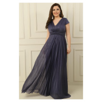 By Saygı V-Neck Waist And Front Draped Lined Pleated Silvery Long Crepe Dress