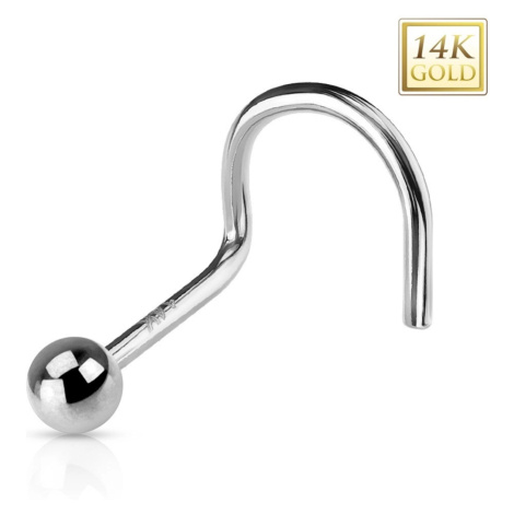 Zlatý 14K zahnutý piercing do nosu - lesklá hladká kulička, bílé zlato - Tloušťka piercingu: 1 m Šperky eshop