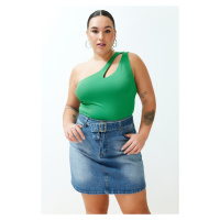 Trendyol Curve Green Asymmetric Collar Cut-Out Detailed Stretch Snap Knitted Blouse