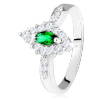 Stříbrný prsten 925, kosočtverec s tmavě zeleným očkem a čirým lemem