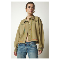 Šťastná istanbulská dámská khaki vyšívaná džínová bunda s třásněmi ve velikosti oversize