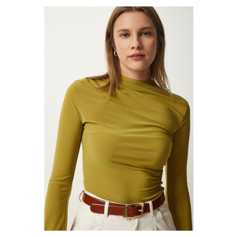 Happiness İstanbul Women's Oil Green Gathered Detailed High Neck Sandy Blouse