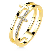 Prsten z nerezové oceli - hladký a zirkonový kříž, zlatá barva
