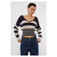 Trendyol Navy Blue Crop Premium Yarn/Special Yarn Striped Thin Knit Sweater