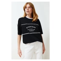 Trendyol Black 100% Cotton Color Block Slogan Oversize/Wide Fit Knitted T-Shirt