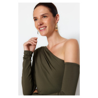 Trendyol Khaki Asymmetric Collar Long Sleeve Flexible Snaps Knitted Bodysuit