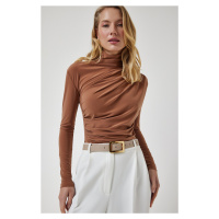 Happiness İstanbul Women's Biscuit Gathered Detailed High Neck Sandy Blouse