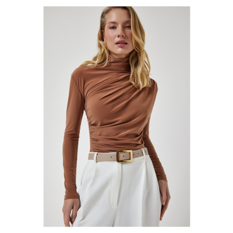 Happiness İstanbul Women's Biscuit Gathered Detailed High Neck Sandy Blouse
