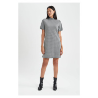 DEFACTO A-Line Half Turtleneck Houndstooth Jacquard Mini Short Sleeve Dress