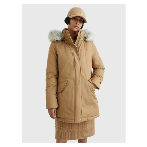 Tommy Hilfiger Béžová dámská zimní bunda s odepínací kapucí a kožíškem Tommy Hilfi - Dámské