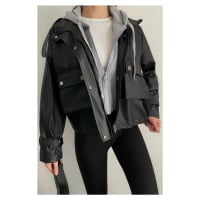 38887 Dewberry Grey Hooded Women PU Jacket-BLACK