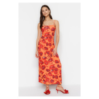 Trendyol Oranžový květinový vzor Čtvercový límec Maxi strečové pletené šaty