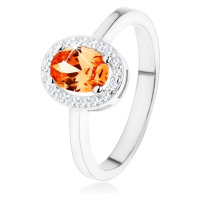 Stříbrný prsten 925, oranžový oválný zirkon, čirý blyštivý lem