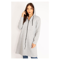 Şans Women's Plus Size Gray Ragged Fleece Fabric Front Zippered Kangaroo Pocket Hooded Coat