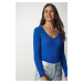 Happiness İstanbul Women's Blue V-Neck Ribbed Basic Blouse