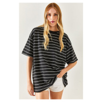 Olalook Women's Black Striped 2 Threads Oversize Unisex T-Shirt